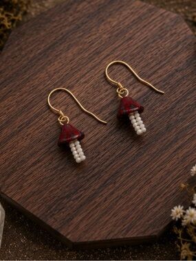 Handcrafted Seed Bead Red Mushroom Drop Earrings